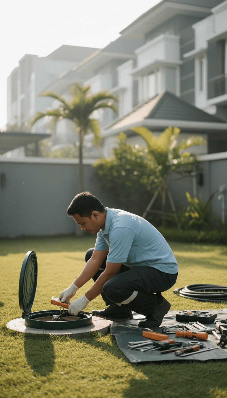 Teknisi sedot WC melakukan inspeksi sistem sanitasi rumah